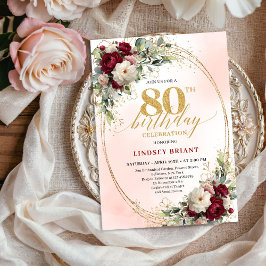 Elegant Burgundy Floral Gold 80th Birthday Party  Einladung