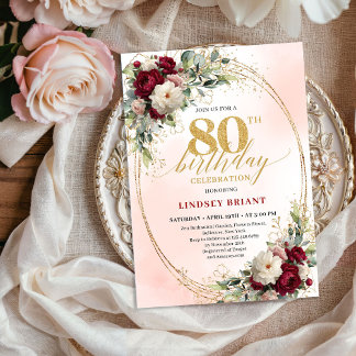 Elegant Burgundy Floral Gold 80th Birthday Party Einladung
