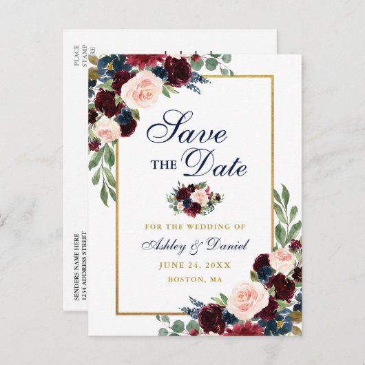 Elegant Burgundy Floral Gold Blue Save the Date Ankündigungspostkarte (Vorne/Hinten)