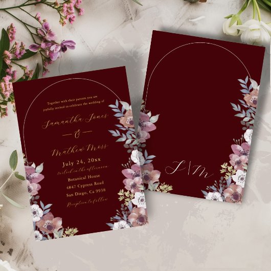 Elegant Burgundy Floral Gold Script Wedding Folieneinladung
