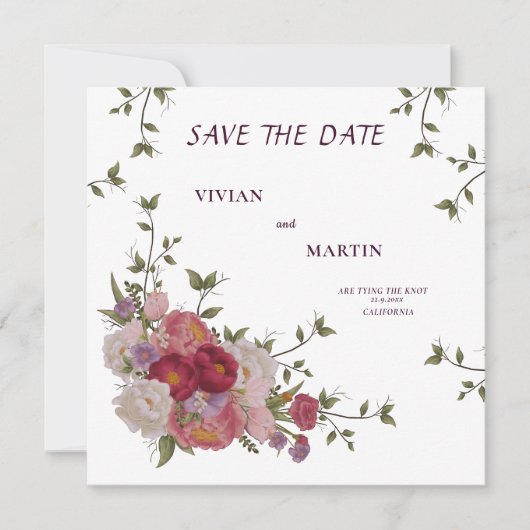 Elegant Burgundy Floral Monogram Save the Date Einladung (Vorderseite)