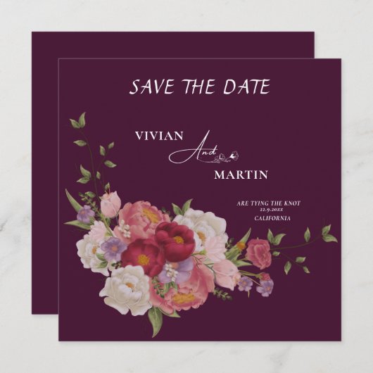 Elegant Burgundy Floral Monogram Save the Date Einladung (Vorne/Hinten)
