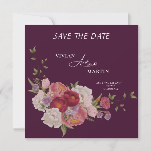 Elegant Burgundy Floral Monogram Save the Date Einladung (Vorderseite)