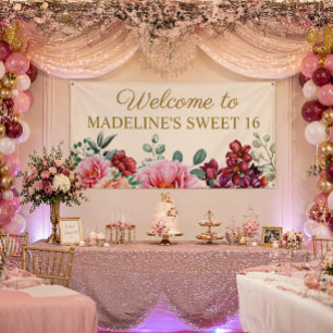 Elegant Burgundy Floral Pink Peonies Sweet 16 Banner