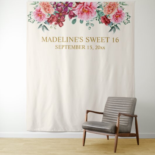 Elegant Burgundy Floral Pink Peonies Sweet 16 Wandteppich (Beispiel)