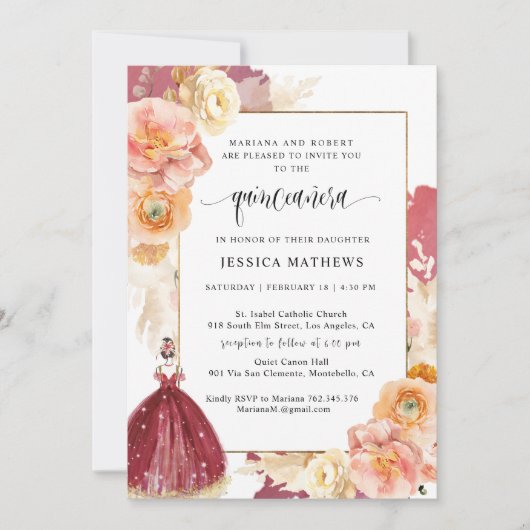 Elegant Burgundy Floral Prinzessin Quinceañera Einladung (Vorderseite)