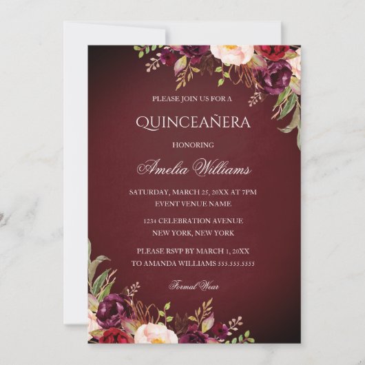 Elegant Burgundy Floral Quinceanera Einladung (Vorderseite)