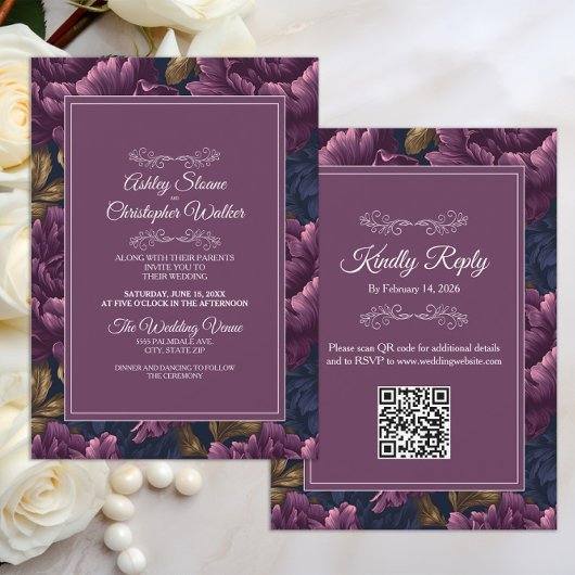 Elegant Burgundy Floral RSVP QR code Wedding Einladung