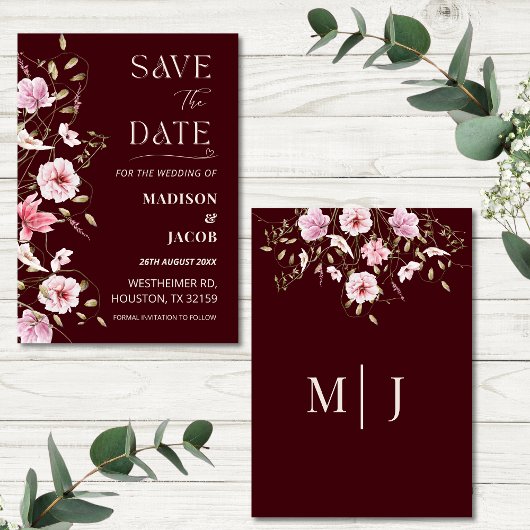 Elegant Burgundy Floral Save the Date Card Einladung