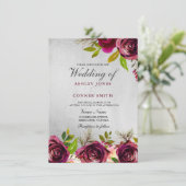 Elegant Burgundy Floral Silver Wedding Einladung (Stehend Vorderseite)