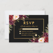 Elegant Burgundy Floral Wedding RSVP Black Gold (Vorderseite)