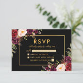 Elegant Burgundy Floral Wedding RSVP Black Gold (Stehend Vorderseite)