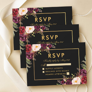 Elegant Burgundy Floral Wedding RSVP Black Gold Karte