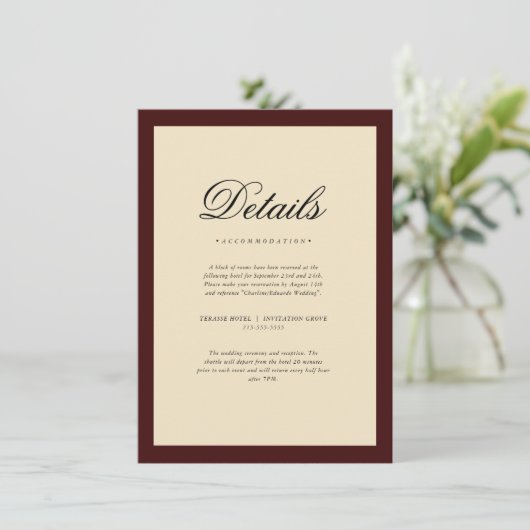 Elegant Burgundy Frame Wedding Details Begleitkarte (Stehend Vorderseite)