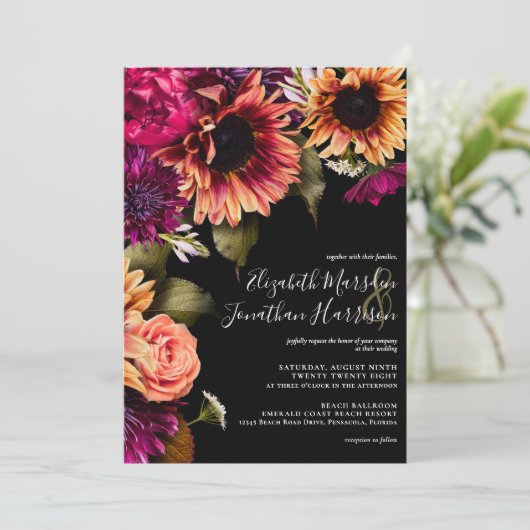 Elegant Burgundy Gelbe Sonnenblume Blüte Boho Dark Einladung (Stehend Vorderseite)