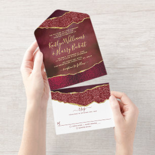 Elegant Burgundy Geode Agate Wedding Real Foil All-in-One-Einladung