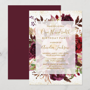 Elegant Burgundy Gold 100. Geburtstag Einladung