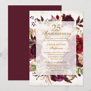 Elegant Burgundy Gold 25. Hochzeitstag Einladung