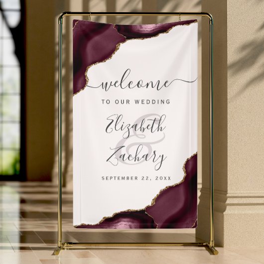 Elegant Burgundy Gold Agate Blush Wedding Welcome Banner