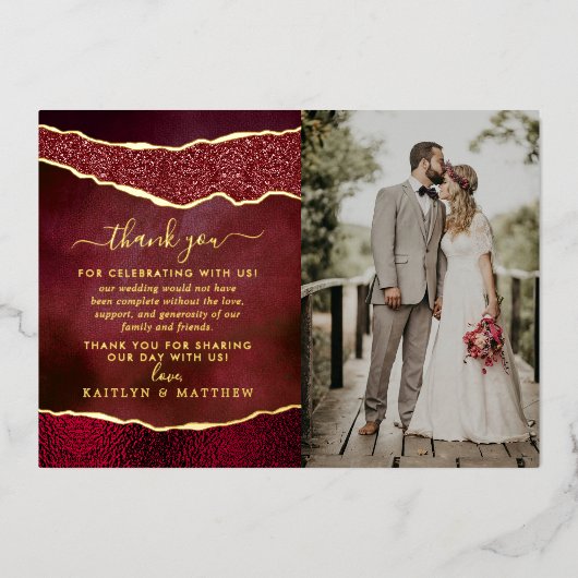 Elegant Burgundy & Gold Agate Wedding Vielen Dank Folieneinladung (Vorderseite)