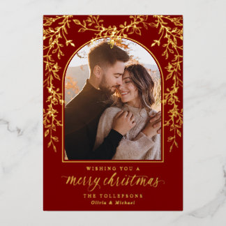 Elegant Burgundy Gold Arch Photo Christmas Folien Feiertagskarte