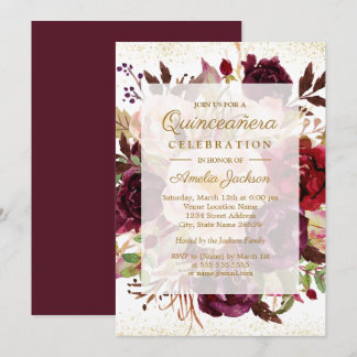 Elegant Burgundy Gold Bloom Quinceanera Geburtstag Einladung