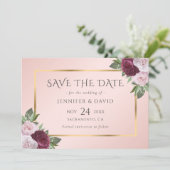 Elegant Burgundy Gold Blush Pink Floral Save The Date (Stehend Vorderseite)