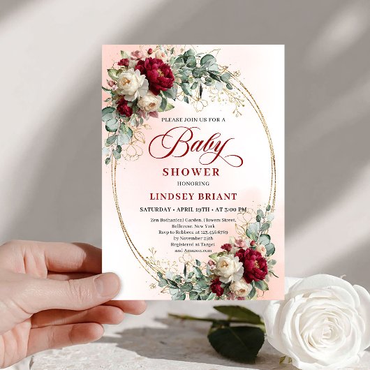 Elegant Burgundy Gold Boho Baby Shower Invitation Einladung