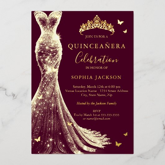 Elegant Burgundy Gold Butterfly Quinceanera Folieneinladung (Vorderseite)