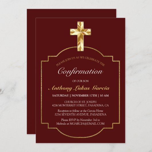 Elegant Burgundy Gold Cross Boys Bestätigung Einladung (Vorne/Hinten)
