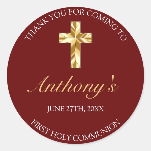 Elegant Burgundy Gold Erste Kommune Vielen Dank Runder Aufkleber (Vorderseite)