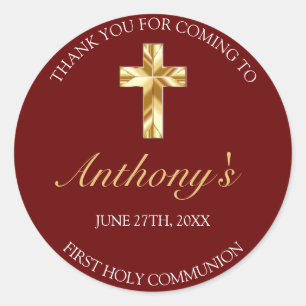 Elegant Burgundy Gold Erste Kommune Vielen Dank Runder Aufkleber