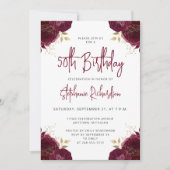 Elegant Burgundy Gold Floral 50th Birthday Party Einladung (Vorderseite)