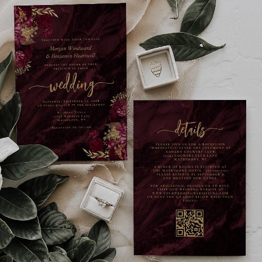 Elegant Burgundy Gold Floral QR Code Wedding Einladung