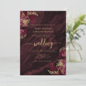 Elegant Burgundy Gold Floral QR Code Wedding Einladung (Stehend Vorderseite)