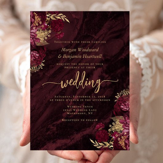 Elegant Burgundy Gold Floral Wedding Einladung
