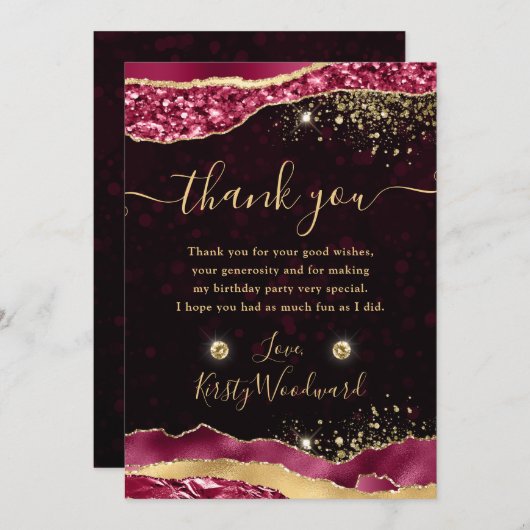 Elegant Burgundy & Gold Glam Tears Edges Birthday Dankeskarte (Vorne/Hinten)