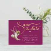 Elegant Burgundy Gold Gott segne religiöse Schrift Save The Date (Stehend Vorderseite)