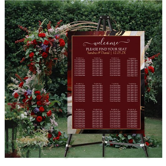 Elegant Burgundy Gold Marble Wedding Seating Chart Poster