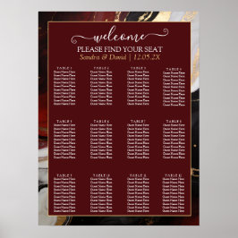 Elegant Burgundy Gold Marble Wedding Seating Chart Poster