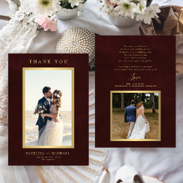 Elegant burgundy gold photo wedding dankeskarte