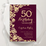 Elegant Burgundy Gold Rose 50. Geburtstag Einladung<br><div class="desc">Lila goldblütige 50. Geburtstagsfeier Einladung. Elegantes Design mit Rose,  Imitaten Goldfolie und Typografie Script Schriftart. Die trendige Einladungskarte eignet sich perfekt für eine stilvolle Damenfeier. Kann für jedes Alter angepasst werden. Gedruckte Zazzle-Einladungen oder Sofortdownload digitaler Druckvorlage.</div>