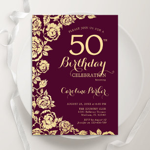 Elegant Burgundy Gold Rose 50. Geburtstag Einladung