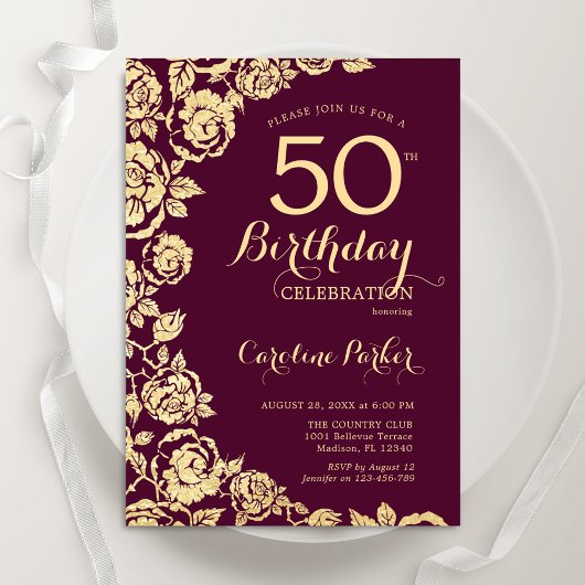 Elegant Burgundy Gold Rose 50. Geburtstag Einladung