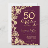 Elegant Burgundy Gold Rose 50. Geburtstag Einladung (Vorderseite)