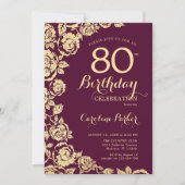 Elegant Burgundy Gold Rose 80. Geburtstag Einladung (Vorderseite)