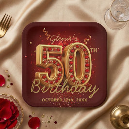 Elegant Burgundy Gold Ruby Gem 50th Birthday Party Pappteller