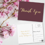 Elegant Burgundy Gold Script Wedding Vielen Dank Postkarte<br><div class="desc">Erstellen Sie Ihre eigenen,  personalisierten,  staubigen Bordeaux und Imitate Gold Dank Notiz Postcard. Geben Sie einfach Ihre Nachricht ein / vielen Dank. Elegante Dankeschön an die Postkarte für die Verwendung bei Hochzeit,  Heiratsjubiläum,  Geburtstag,  Abschluss,  Brautparty,  Babydusche,  Feiertagen,  oder alle anderen besondere Anlass bezogenen Mailings.</div>