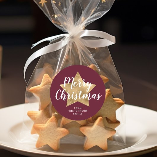 Elegant Burgundy Gold Star Frohe Weihnachten Runder Aufkleber