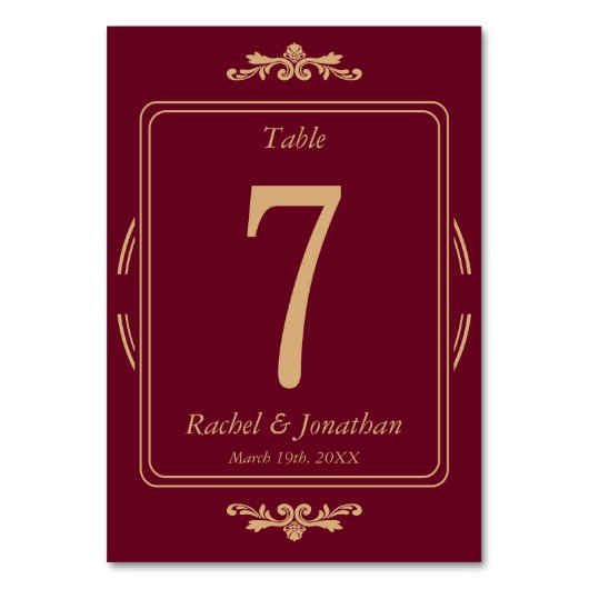 Elegant Burgundy & Gold Wedding Table Number Card Tischnummer (Vorderseite)